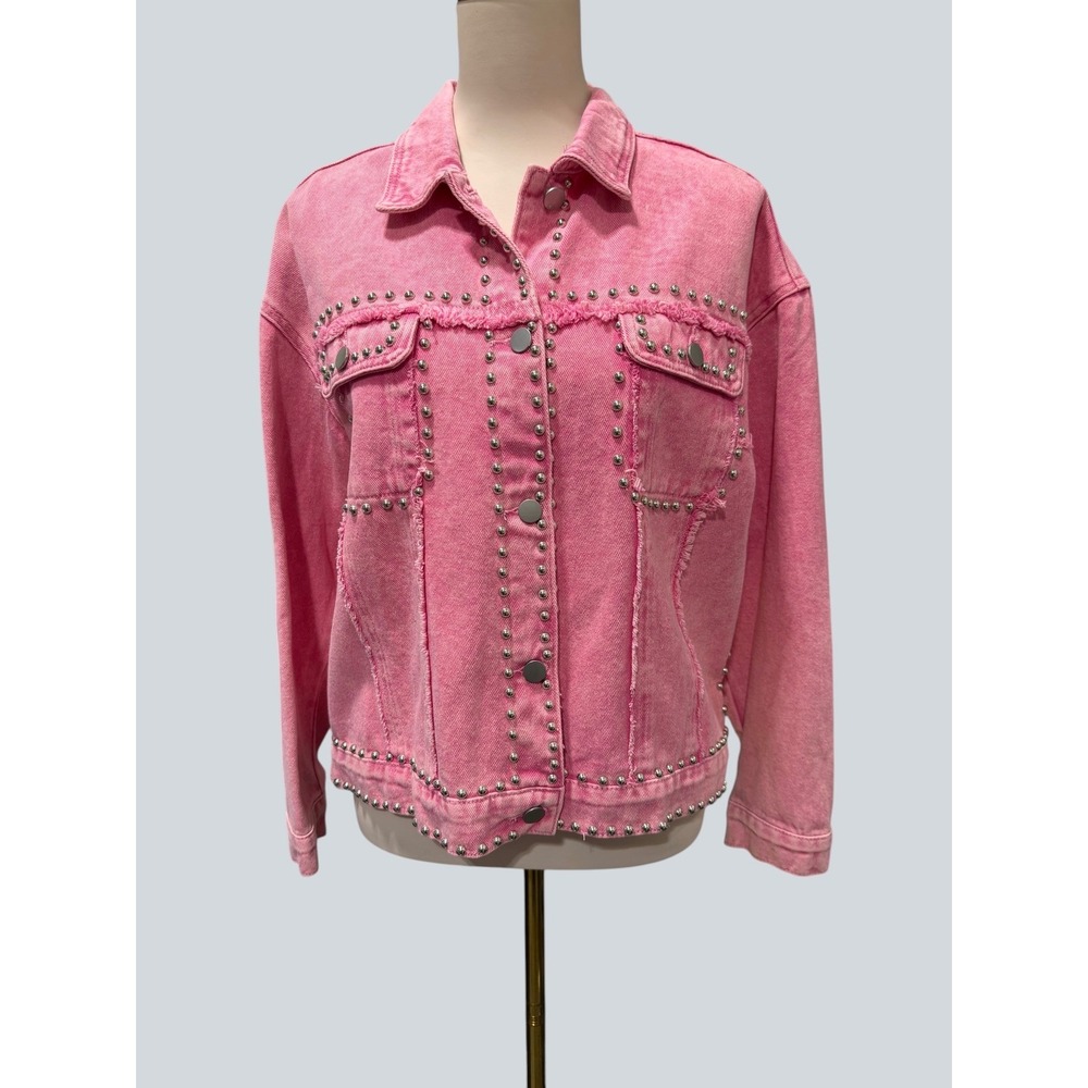 Savanna‎ Jane Pink Studded Denim Jacket Acid Wash Frayed Seam Trucker Womens S